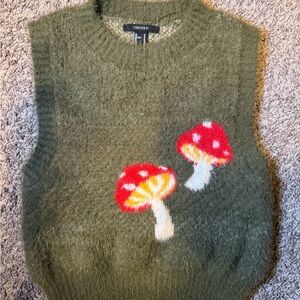 Forever 21 olive green fuzzy sweater vest with mushrooms cottage core size M